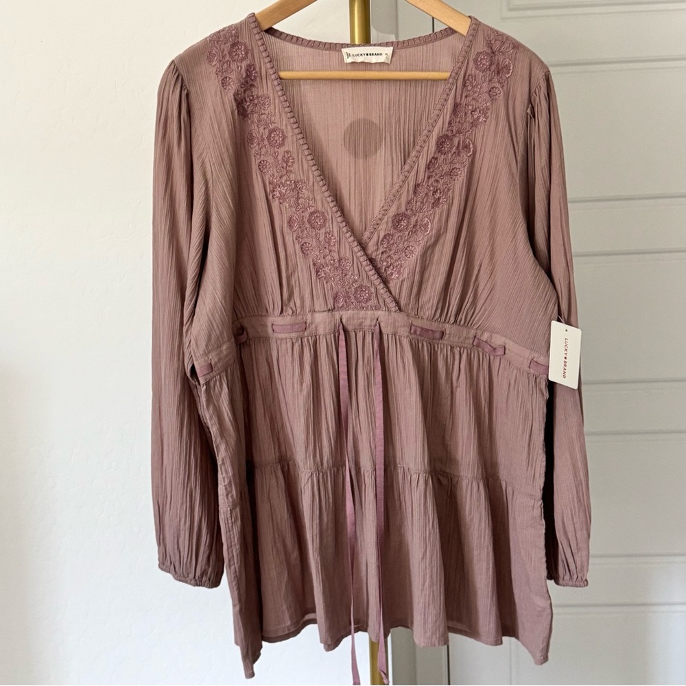 New Babydoll Mauve Long Sleeve V Neck Top Embroidery XL Cottage Peasant Boho
